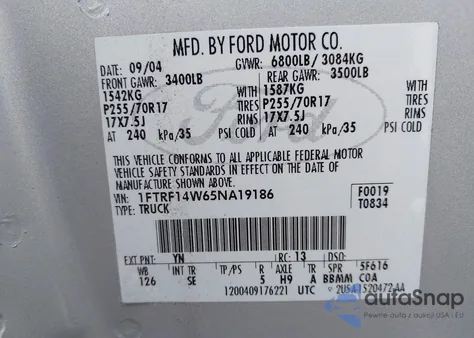 2005 Ford F-150 Stx/Xl/Xlt z USA, uszkodzony, nr VIN 1FTRF14W65NA19186